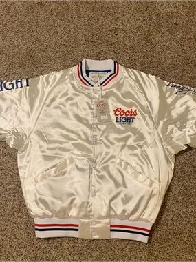 The Laundry Room Coors Light White Satin Bomber Jacket with Red & Blue Trim